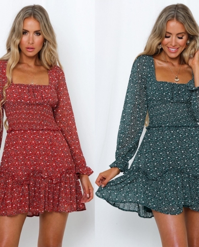 Retro Square Neck Print Dress Autumn  Slim Skirt