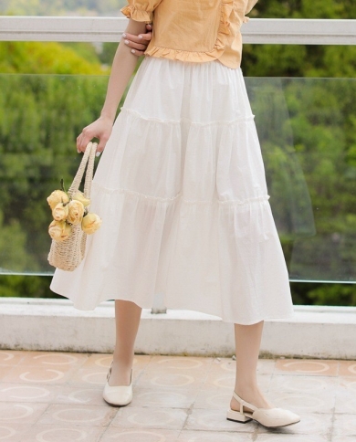 Summer Simple Wood Ear Stitching Elastic Waist Skirt Solid Color A-line Skirt