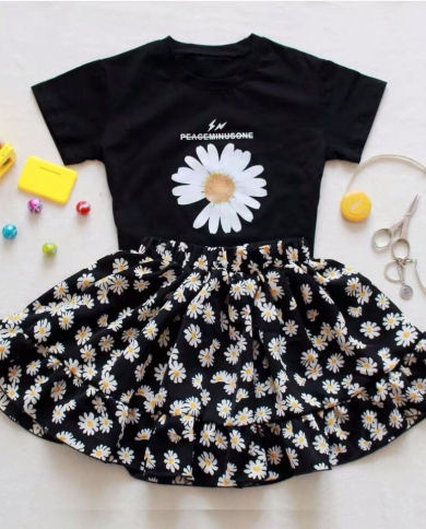 Girls' Summer Small Daisy Skirt, Big Children's Floral Pleated Skirt Suit