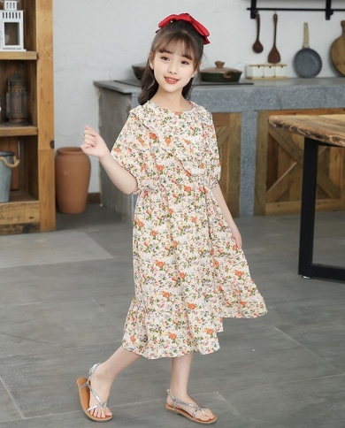 שמלת תחרה לבנות שמלת נסיכת קיץ ילדה גדולה חצאית שיפון פרחונית