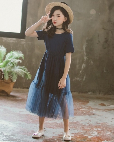 חצאית עוגה צוואר עגול עם שרוולים קצרים מותניים צבע אחיד בנות שמלת נסיכת חוט נטו