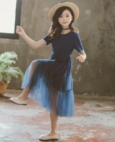 חצאית עוגה צוואר עגול עם שרוולים קצרים מותניים צבע אחיד בנות שמלת נסיכת חוט נטו