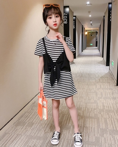 שמלת פסי קיץ לבנות חצאית כתפיות מזויפת קשת מזויפת