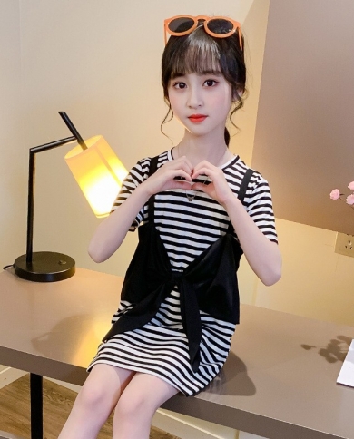 שמלת פסי קיץ לבנות חצאית כתפיות מזויפת קשת מזויפת