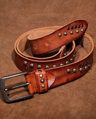 Studded Retro Leather Belt Head Layer Cowhide Pin Buckle Belt Hand-stitched Men's Belt