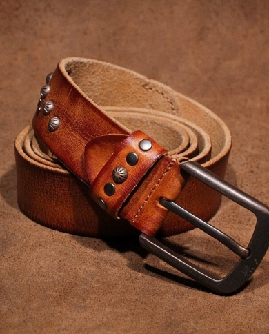 Studded Retro Leather Belt Head Layer Cowhide Pin Buckle Belt Hand-stitched Men's Belt