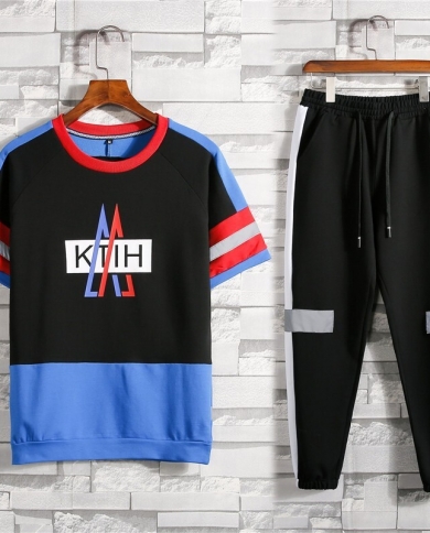 Summer New Men Round Neck Print Casual Trendy Sports Suit