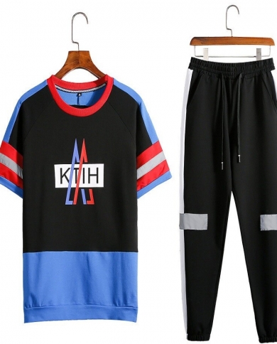 Summer New Men Round Neck Print Casual Trendy Sports Suit