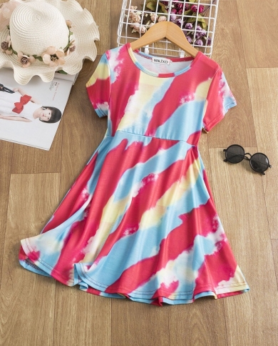 קיץ סגנון חדש עם שרוולים קצרים פסי עניבת צבע קשת שמלת בנות