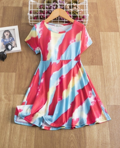 קיץ סגנון חדש עם שרוולים קצרים פסי עניבת צבע קשת שמלת בנות