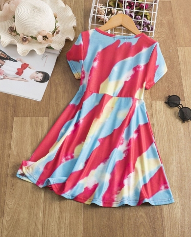 קיץ סגנון חדש עם שרוולים קצרים פסי עניבת צבע קשת שמלת בנות