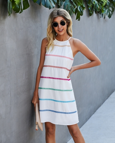 Women's Fashion Stitching Rainbow Ribbon Contrast Color Dress