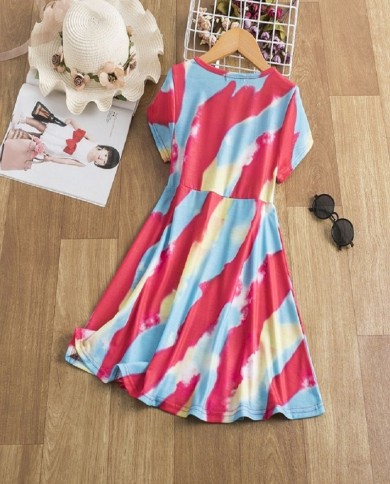 קיץ סגנון חדש עם שרוולים קצרים פסי עניבת צבע קשת שמלת בנות