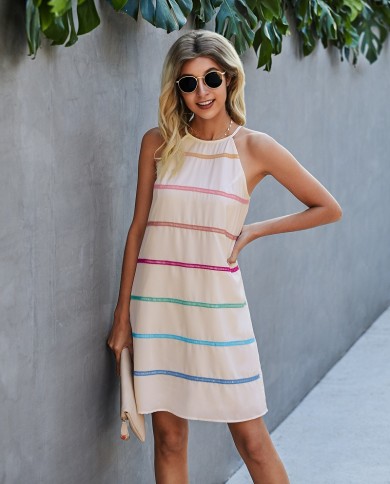 Women's Fashion Stitching Rainbow Ribbon Contrast Color Dress