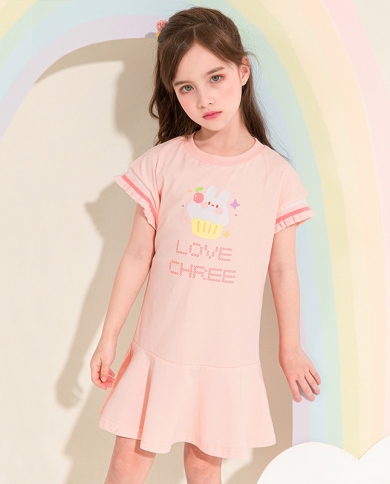 שמלת שרוול קצרה כותנה מודפסת של ילדה מתוקה חמודה אופנה טרנדית