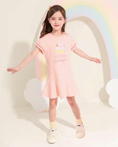 שמלת שרוול קצרה כותנה מודפסת של ילדה מתוקה חמודה אופנה טרנדית