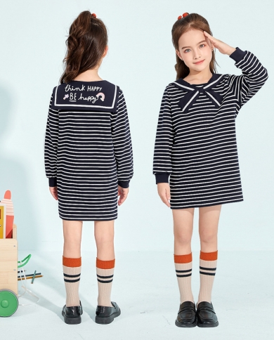 שמלה עם שרוול ארוך פס ילדי מתוק וחמוד של הילדה המתוקה האופנתית