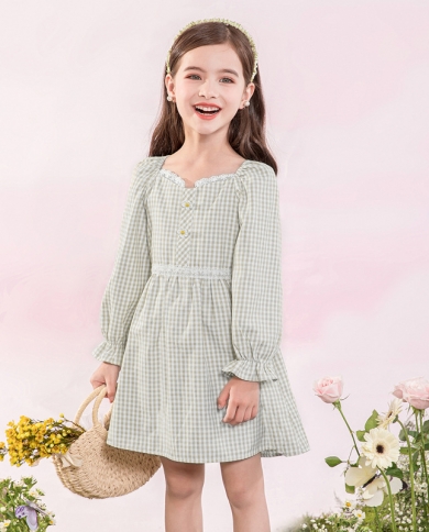 אופנתי טרנדי חמוד טריות שמלות תחרה משובצות שרוול ארוך שרוול ארוך