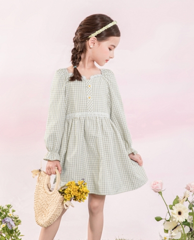 אופנתי טרנדי חמוד טריות שמלות תחרה משובצות שרוול ארוך שרוול ארוך