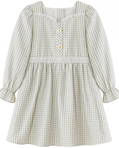 אופנתי טרנדי חמוד טריות שמלות תחרה משובצות שרוול ארוך שרוול ארוך