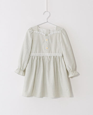 אופנתי טרנדי חמוד טריות שמלות תחרה משובצות שרוול ארוך שרוול ארוך