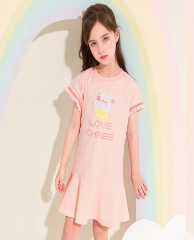 שמלת שרוול קצרה כותנה מודפסת של ילדה מתוקה חמודה אופנה טרנדית