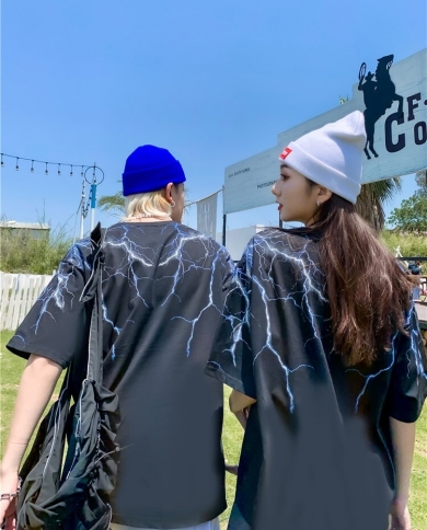 Summer Tide Brand Lightning Print Short-sleeved T-shirt Men And Women Couples Short-sleeved Tops