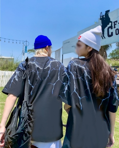 Summer Tide Brand Lightning Print Short-sleeved T-shirt Men And Women Couples Short-sleeved Tops