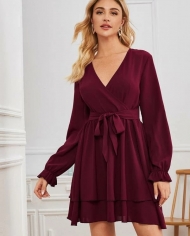 Ins Early Spring Female V-neck Cross-neck Tie Burgandy Dress
