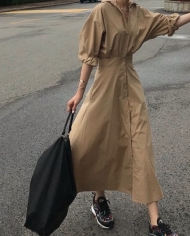 Chic Retro Lapel Single-breasted Slim Waist Puff Sleeve Women Shirt Dress Long Dress