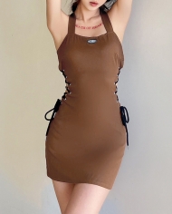 Summer New Women's Solid Color Slim Fashion Lace-up Waist  Halter Dress