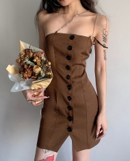 Summer New Women's Solid Color Slim High Waist Fashion Chain  Slanted Shoulder Single-breasted Dress