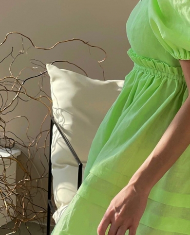 Summer Fluorescent Green Princess Dress Puff Sleeve Halter Hollow Lace-up Bowknot Elastic Waist Dress