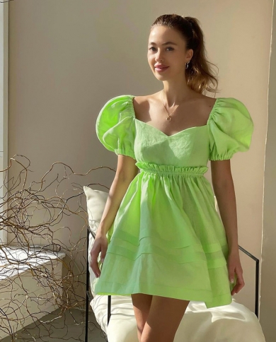 Summer Fluorescent Green Princess Dress Puff Sleeve Halter Hollow Lace-up Bowknot Elastic Waist Dress