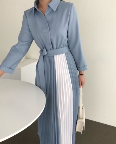 Fall Elegant Contrasting Color Pleated Lapel Lace-up Long Dress