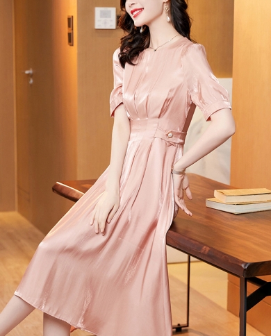 Summer New  A-line Dress Satin Temperament Waist Slimming Long Skirt