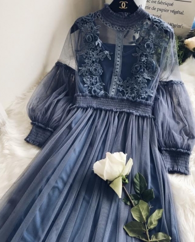 Hollow Lace Flower Mesh Temperament Stand-up Collar Lantern Sleeve High Waist Two-piece Dress