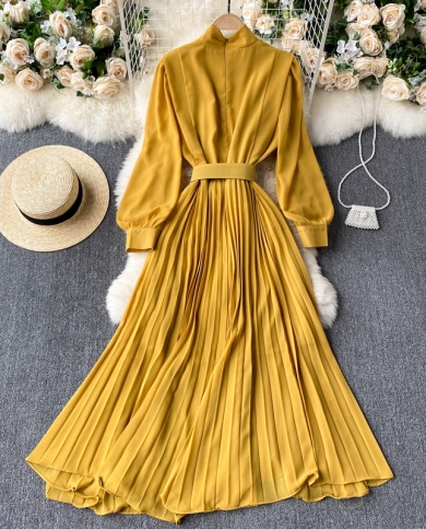 Light Mature Style Dress  Temperament Stand-up Collar Slim Long Pleated Big Swing Elegant Chiffon Holiday Skirt