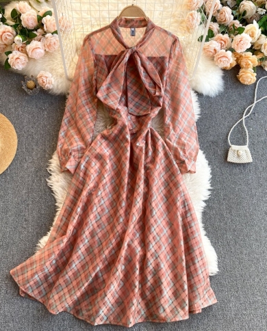 Long-sleeved Slim Plaid Skirt V-neck Lace-up Puff Sleeve Waist Slimming Dress