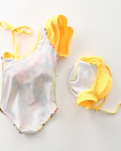 Children's Swimsuit Girls One-piece New Floral Lotus Leaf Oblique Collar Princess Swimsuit  Baby Swimsuit Ins