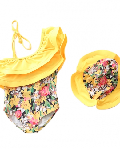 Children's Swimsuit Girls One-piece New Floral Lotus Leaf Oblique Collar Princess Swimsuit  Baby Swimsuit Ins