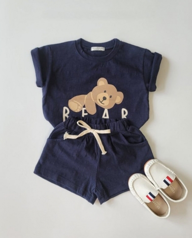 חליפת דוב מצוירת לתינוק קיץ מכנסיים קצרים עם שרוולים קצרים שני חלקים בגדי ספורט לתינוק