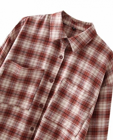 Autumn  New Plaid Double Pocket Loose Shirt Single-breasted Mid-length Shirt