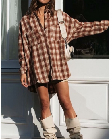 Autumn  New Plaid Double Pocket Loose Shirt Single-breasted Mid-length Shirt