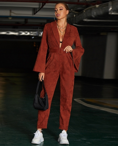 Retro Style Jumpsuit With Belt Shawl Collar Split Sleeves Drawstring Jumpsuit Autumn Style Jumpsuit