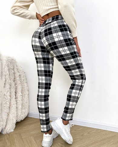 Early Autumn Women's Tight-fitting Stretch Plaid Nine-point Casual Pants High-waist Plaid Tights