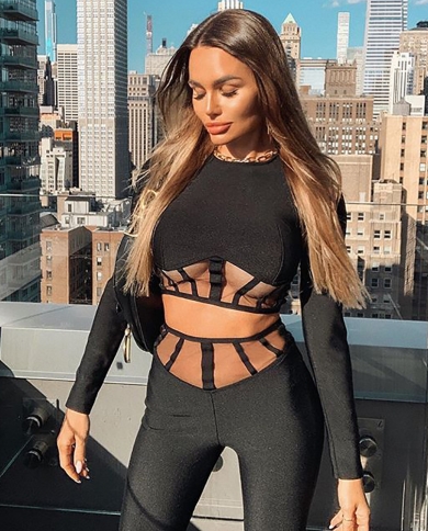Women's  Nightclub  Two-piece Splicing See-through Mesh T-shirt High Waist Trousers Suit
