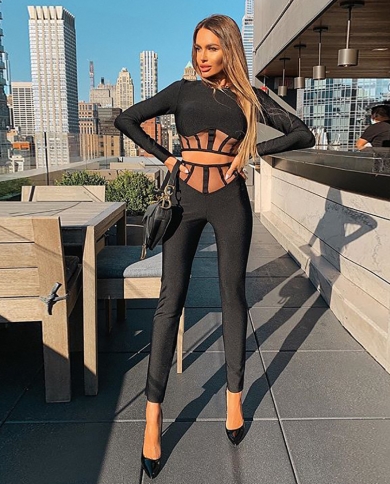 Women's  Nightclub  Two-piece Splicing See-through Mesh T-shirt High Waist Trousers Suit