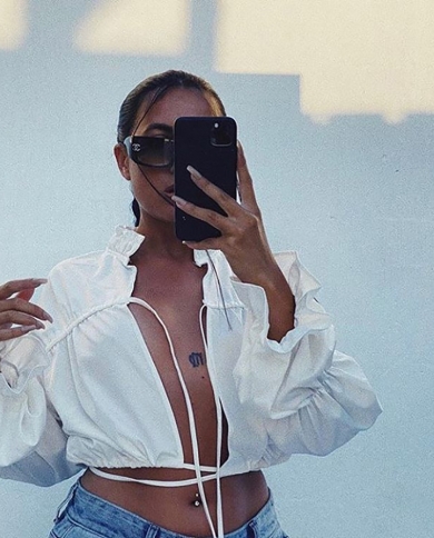 Ins  Hollow Strapping Temperament Top Bubble Long-sleeved  Pleated Shirt