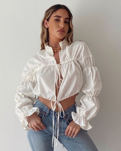 Ins  Hollow Strapping Temperament Top Bubble Long-sleeved  Pleated Shirt